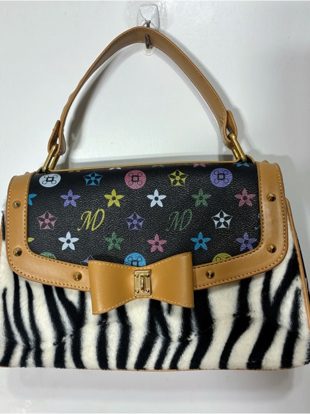 Multicolor Pattern Black Top-Handle Satchel with Tan Trim and Bow